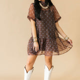 Sheer Overlay Polka Dot Mini Dress | Brown