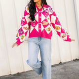 Pink Diamond Print Thanksgiving Dinner Button Up Sweater | Queen Of Sparkles