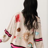 Stripe Trim Multi Icon Button Up Cardigan | Queen Of Sparkles