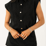 Black Full Rhinestone Button Up Romper | Queen Of Sparkles