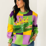 Mardi Gras Checkered Alligator Queen Sweater | Queen Of Sparkles