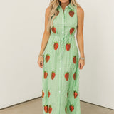 Green & White Gingham Beaded Strawberry Button Up Collar Midi Dress | Queen Of Sparkles