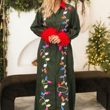 Dark Green Multi Christmas Lights Feather Trim Midi Dress | Queen Of Sparkles