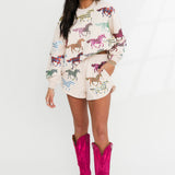 Beige Multi Print Horse Sweatshirt | Queen Of Sparkles