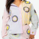 Licensed Striped Colorblock Smiley Button Down Top | Queen Of Sparkles