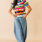 Multi Stripe Feather Short Sleeve Sweater | Queen Of Sparkles