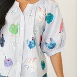 Light Blue Stripe Multi Chicken Button Up Cotton Top | Queen Of Sparkles