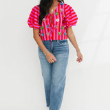 Hot Pink Stripe Sequin Flower Cotton Tie Top | Queen Of Sparkles