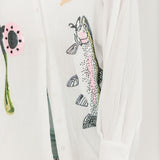 White Fishing Pole With Hooked Fish Gauze Button Up Collar Dress | Queen Of Sparkles