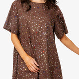 Brown Multi Rhinestone Cotton Short Sleeve Dress | Queen Of Sparkles