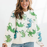 Beige Green & Blue Crawling Tigers Sweatshirt | Queen Of Sparkles