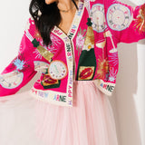 Hot Pink NYE Icon Button Up Cardigan With 'Happy New Year' Trim | Queen Of Sparkles