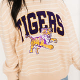 Licensed LSU Beige Stripe Vintage Team Sweater | Queen Of Sparkles