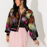 Black Multi Rainbow Firework Button Up Cardigan | Queen Of Sparkles