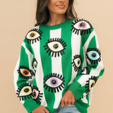 Green & White Striped Multi Eye Sweater | Queen Of Sparkles