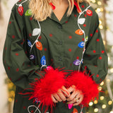 Dark Green Multi Christmas Lights Feather Trim Midi Dress | Queen Of Sparkles