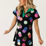 Black Multi Doubloons Collar Short Sleeve Dress | Queen Of Sparkles