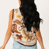 Beige Multi Western Icon Knit Button Up Vest | Queen Of Sparkles