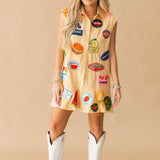 Yellow Gingham Fruit Sticker Button Up Collar Tank Dress | Queen Of Sparkles