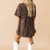 Brown Multi Rhinestone Cotton Short Sleeve Dress | Queen Of Sparkles