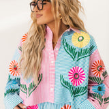Pink & Blue Striped Cinco Flowers Button Up Collar Top | Queen Of Sparkles