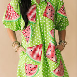 Green & White Polka Dot Watermelon Button Up Dress | Queen Of Sparkles