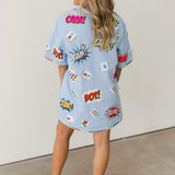 Powder Blue Mahjong Icon Collar Rainbow Trim Dress | Queen Of Sparkles