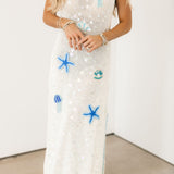 White & Blue Sea Icon Knit Pailette Tank Midi Dress | Queen Of Sparkles