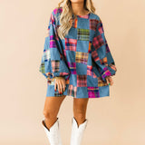 Denim and Multi Plaid Checkered Bubble Sleeve Dress | Queen Of Sparkles