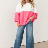 White & Neon Pink Colorblock QOS Logo Sweatshirt | Queen Of Sparkles