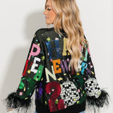 Black Multi 'Happy New Year 2026' Feather Sleeve Sweater | Queen Of Sparkles