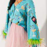 Aqua Popping Champagne Bottle & Coupe Feather Sleeve Button Up Cardigan | Queen Of Sparkles
