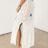 White & Blue Sea Icon Knit Pailette Tank Midi Dress | Queen Of Sparkles