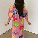 Pink Gingham Multi Flower Button Up Cotton Midi Dress | Queen Of Sparkles