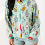 Aqua Colorblock Trim Multi Watch Button Up Cardigan | Queen Of Sparkles
