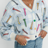 Blue & White Plaid Golf Tee Button Up Cardigan | Queen Of Sparkles