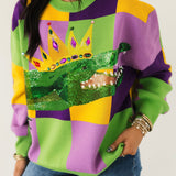 Mardi Gras Checkered Alligator Queen Sweater | Queen Of Sparkles