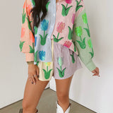 Striped Colorblock Sequin Tulip Button Up Cotton Long Sleeve Top | Queen Of Sparkles