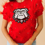 Licensed UGA Mascot Scattered Jewel Feather Short Sleeve Sweater | Queen Of Sparkles