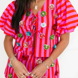 Hot Pink Stripe Sequin Flower Cotton Tie Top | Queen Of Sparkles