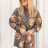 Brown Plaid Turkey On Plates Button Up Romper | Queen Of Sparkles