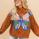 Brown Patchwork Butterfly Mock Neck Sweatshirt | Queen Of Sparkles