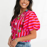 Hot Pink Stripe Sequin Flower Cotton Tie Top | Queen Of Sparkles