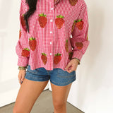 Red & White Gingham Beaded Strawberry Button Up Cotton Long Sleeve Top | Queen Of Sparkles