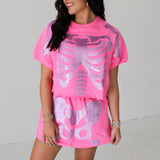 Pink Sequin Skeleton Short Sleeve Top | Queen Of Sparkles