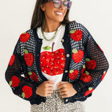 Crochet Navy & Red Sequin Apple Button Up Sweater | Queen Of Sparkles