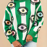 Green & White Striped Multi Eye Sweater | Queen Of Sparkles