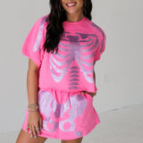 Pink Sequin Skeleton Short Sleeve Top | Queen Of Sparkles