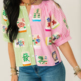 Colorblock Gingham Mahjong Tile Button Up Top | Queen Of Sparkles