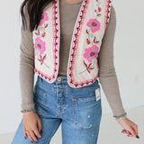 Embroidered Corduroy Floral Vest | Ecru